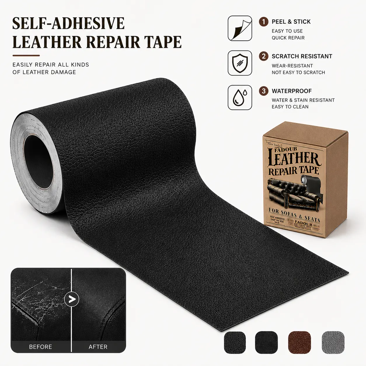 Self-Adhesive Leather Repair Patch (17×79 in, 3 × 60 In) - Peel & Stick Cuttable Waterproof Leatherette Sticker, Quick Fix for Cracks/Scratches, Durable for Home Car Seats & Headboards, Extending Furniture Life