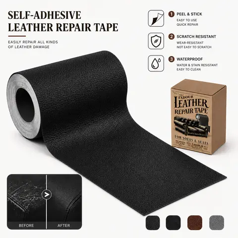 Self Adhesive Plain Leather Repair Patch - Cuttable Sizes (17×79in, 3×60in), Traditional Durable Spill-Resistant Peel & Stick Leatherette Sticker, Strong Bond for Home, Covers Car Seat Damage, Fixes Cracks/Scratches