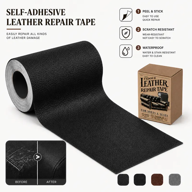 Self Adhesive Plain Leather Repair Patch - Cuttable Sizes (17×79in, 3×60in), Traditional Durable Spill-Resistant Peel & Stick Leatherette Sticker, Strong Bond for Home, Covers Car Seat Damage, Fixes Cracks/Scratches