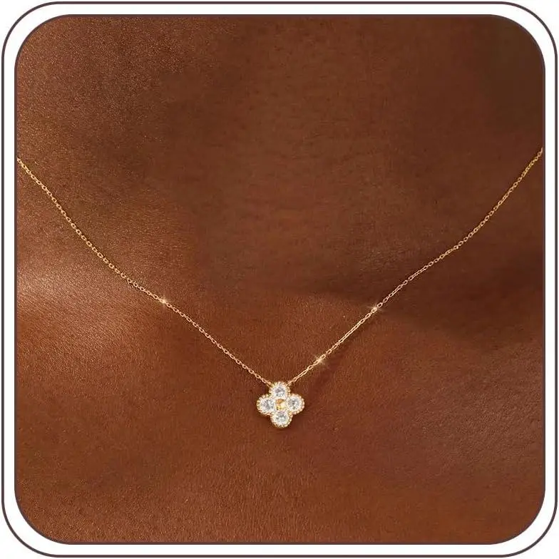 Women's 14K Gold Plated Non Tarnish Jewelry, Dainty Polished Metal Choker Necklace with 4 Leaf Clover & CZ Emerald Pendant, Gold Necklace for Women, Birthday Gift, Gold Necklace Women