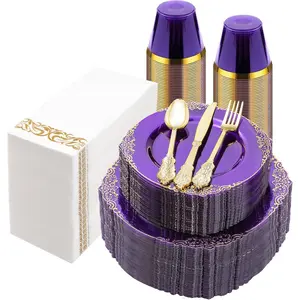 350pcs Purple Party Tableware Set Plates Cups & Silverware for 50 Guests Elegant Purple Gold Trim Disposable Dinner Dessert Napkins Gold Silverware