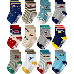 Baby Non-Skid Cotton Blend Crew Socks with Anti-Slip Grip, Animal & Character Motifs, Fun Graphics for Toddlers, Animals, Multi-Size