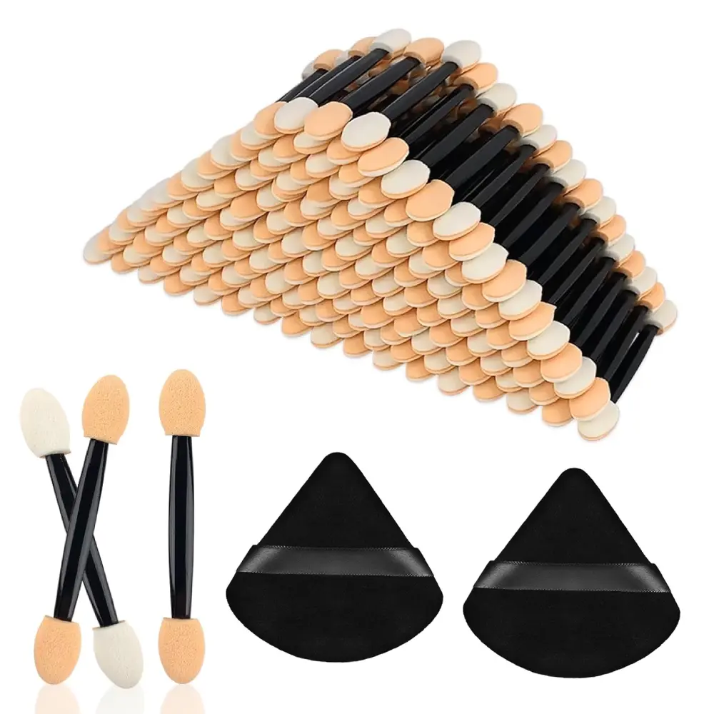 302Pcs Disposable Dual Sided Eyeshadow Applicator Set, 300 Double-Headed Sponge Eye Makeup Wands + 2 Flocked Triangle Powder Puffs, Hygienic Blending Tools for Travel Wedding Salon Daily Eye Shadow Makeup