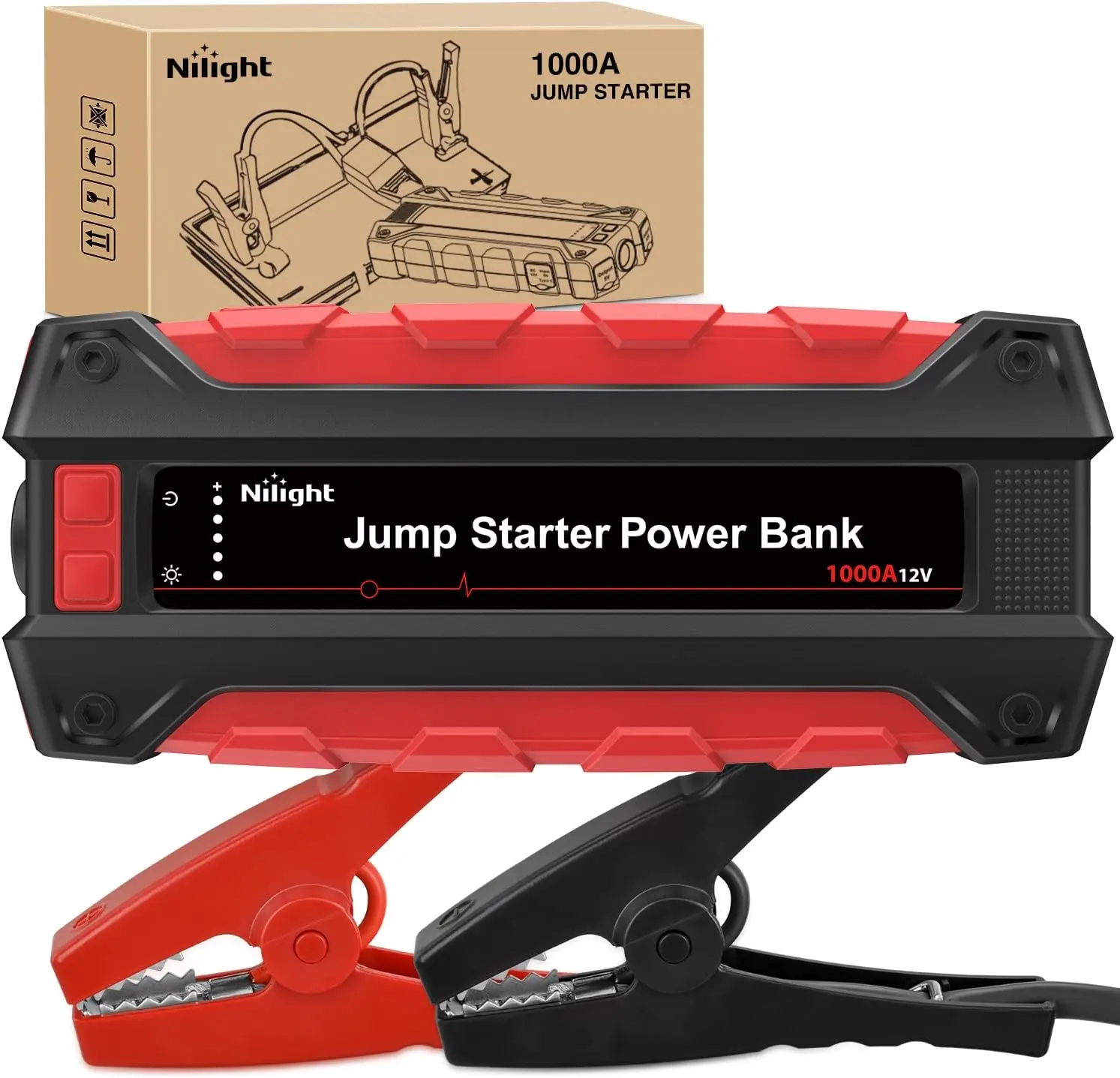Nilight 1000A 12V Car Battery Jump Starter with 1000a Power Boost, Includes Jumper Cables, for Up to 6.0L Gas & 4.0L Diesel Engines, Portable Booster Pack with DC Output & LED Light