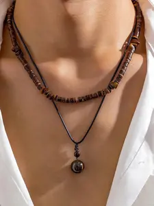 Men's Fashion Necklace Set, Statement Necklace, Coconut Shell Imitation Turquoise Beads & Wooden Pearl Pendant, Casual Daily Wear Jewelry Gift