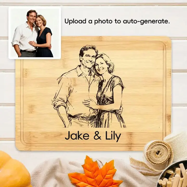 Custom Photo Engraved Bamboo Chopping Board - Durable Cutting Board with Knives-Friendly Handles, Rectangle, Upload Image, Multi-Size, Cheese-Safe Surface, Personalized Names/Date, Commemorative Kitchen Item, Anniversary Gift