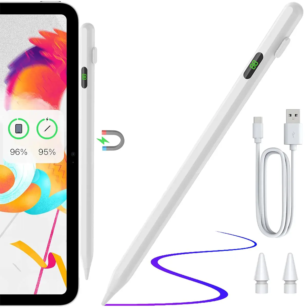 Active Stylus Pen for Touch Screens, Fast Charging Stylus Pen for Samsung/iPhone/Android Tablets & Smart Phones, Universal Stylus Pencil for Drawing/W