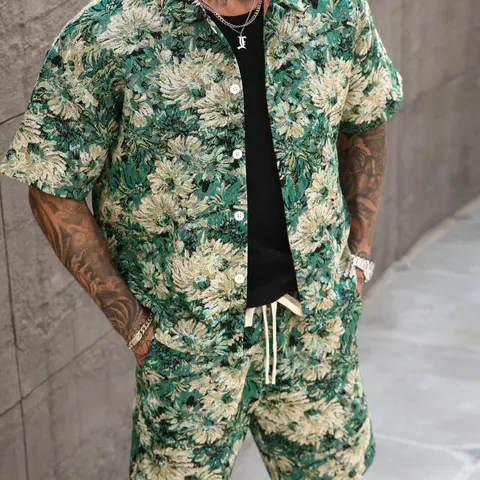 Men's Summer Tropical Floral Short-Sleeve Shirt and Shorts Two Piece Set, Woven Jacquard Fabric Casual Outfit for Warm Weather