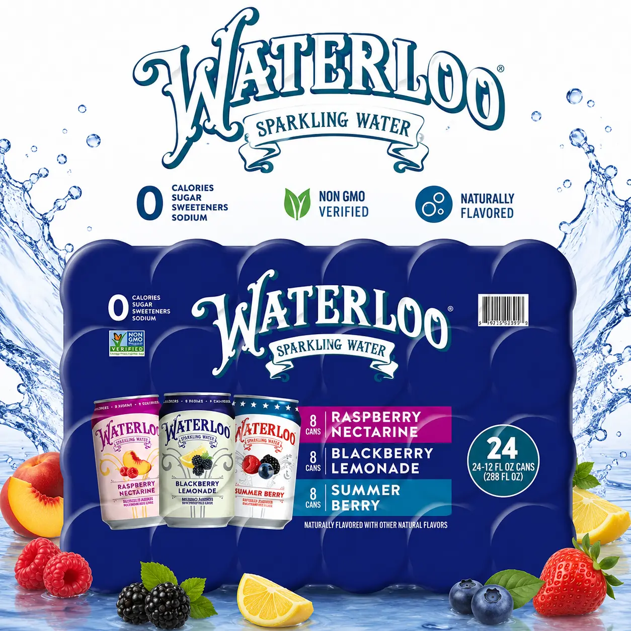 Waterloo Sparkling Water Variety Pack (24-Pack) | 0-Sugar, Refreshing Flavours Drinks