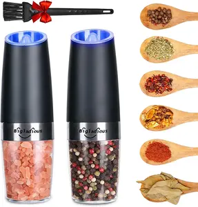 Gravity Electric Salt and Pepper Grinder Set, 2 Pack Food Grade Stainless Steel Automatic Black Pepper Mills, Battery-Powered with LED Lights, Adjustable Coarseness, One Hand Operation (Black)