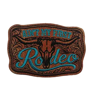 Leather Rodeo Iron On Patches with Turquoise Embroidery and Bull Design for Western Fashion