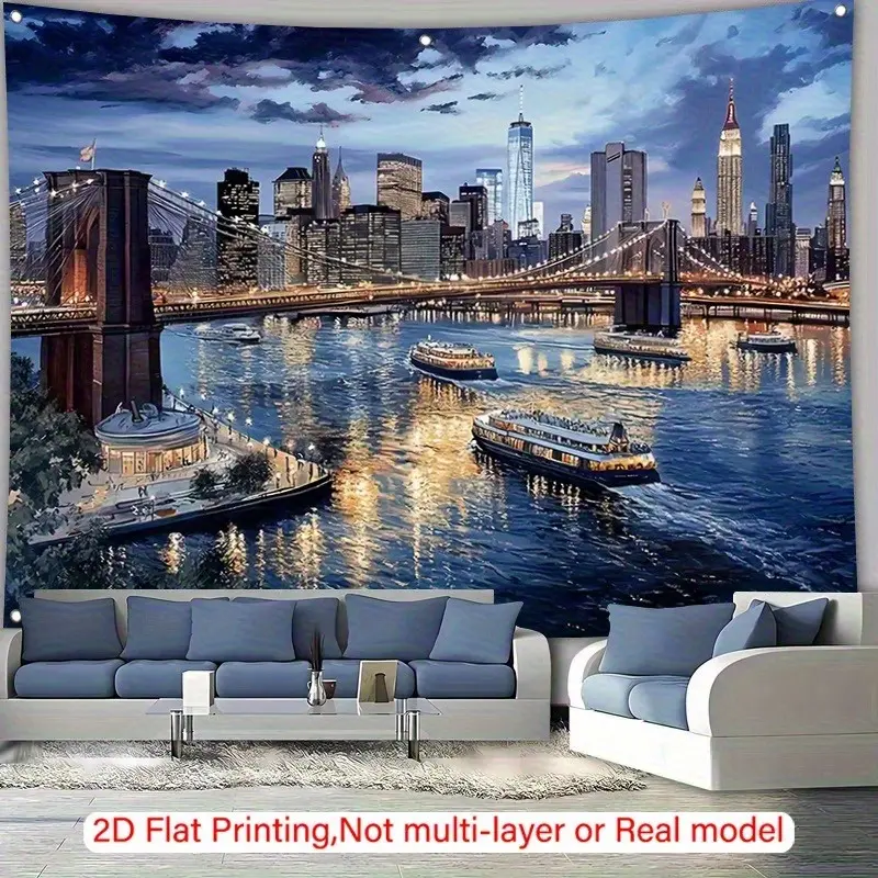 1pc Realistic New York City Skyline Peel-Stick Wall Tapestry - Horizontal, Brooklyn Bridge & Lower Manhattan, Easy Hanging, No Tools/Electricity, Quick Install, Indoor Decor for Weddings, Photo Studios
