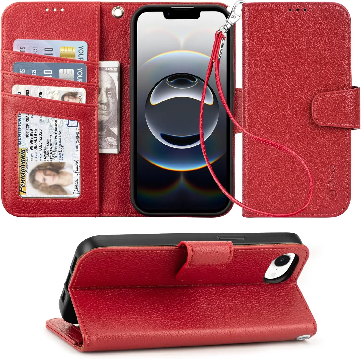 Compatible with iPhone 17e/16e Case Wallet with Card Holder,Wristlet Strap Wallet Flip Cover for iPhone 17e/16e 6.1 inch Men/Women, RFID Blocking, Kickstand, Litchi Wine Red