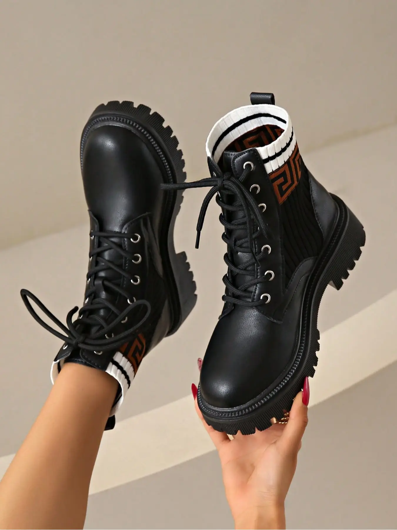 New Women's Flat Motorcycle Slouchy Boots, Fall Winter Lace-Up Round Toe Thick Sole Short Boots, Fashion Outdoor Knit Patchwork Ruffle Boots, Casual Warm Trendy Boots, Boots Shoes