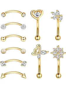 10 Pcs 16G Rook Daith Earrings Stainless Steel Belly Lip Ring Cartilage for Women CZ Body Piercing Curved Barbell Eyebrow Rings 8mm Piercing Jewelry Set