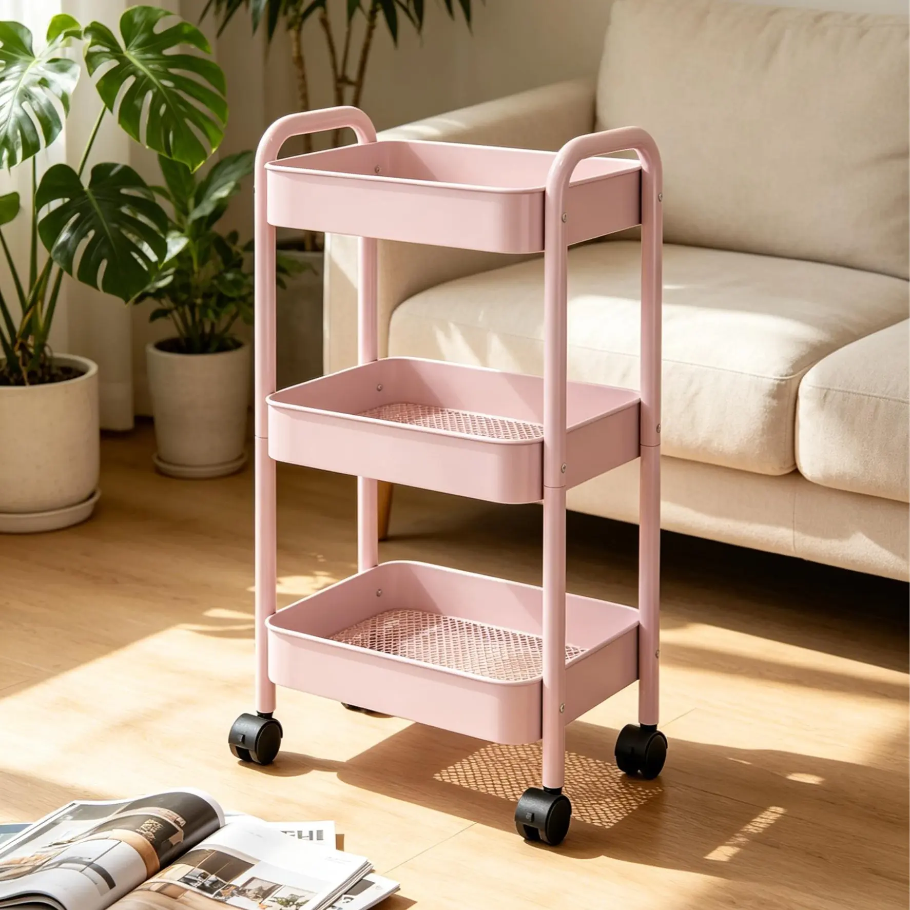 3-Tier Rotatable Rolling Kitchen Storage Cart with Black Casters - Rectangle, Metal Frame, Mesh Bottoms, 20 - 25 Kg Capacity Mobile Organizer Trolley, Freestanding Utility Rack for Food, Spice (Mother’s Day Gift Option)