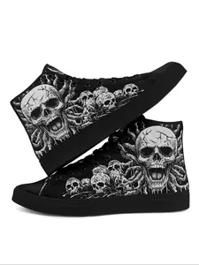 Men's Gothic Skull Print High Top Canvas Athletic Sneakers, Punk Rock Casual Shoes, Comfortable and Durable Lace-Up Footwear for Streetwear and Daily Wear Trainer, Sports Shoes