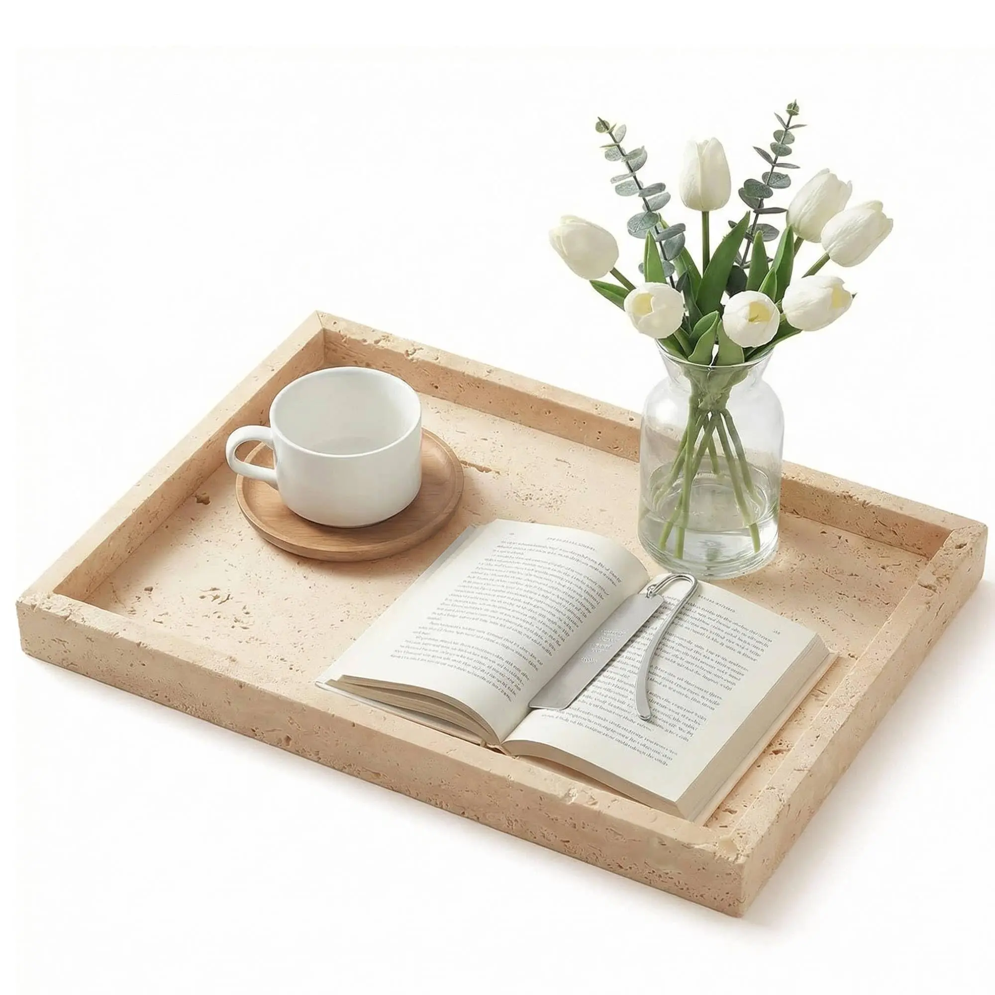 Luxury Yellow Travertine Stone Jewelry Tray – Rectangular Handcrafted Marble Organizer for Bathroom Countertop, Perfume, Accessories – Modern Decorative Storage – 30x20x3cm, Yellow