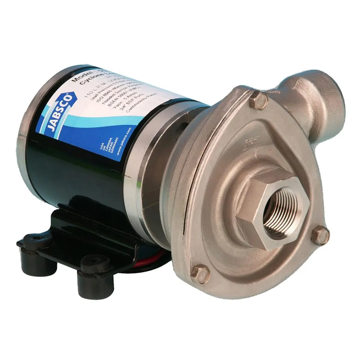 Jabsco Low Pressure Cyclone Type Stainless Steel Single Pump - 24V, Continuously Rated Motor, 110 L/min Flow Rate, 2m Suction Lift, 3/4" Pipe Threads, 7.2 lbs Weight, Anti-Clog Impeller Design, Ideal for Marine Users