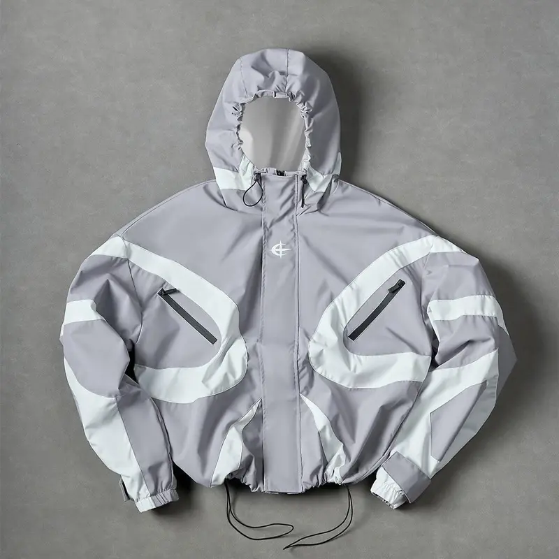 Y2K men’s color-block hooded windbreaker jacket, loose oversized street-style design with zipper closure and drawstring hem, suitable for everyday outings, outdoor leisure, and various other occasions.