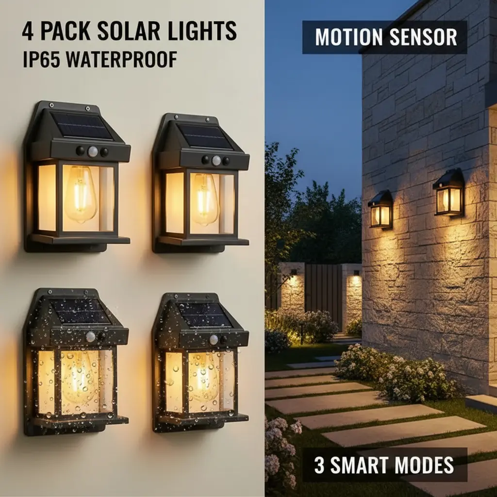 4 Pack Solar Outdoor Wall Lights with Motion Sensor, Waterproof IP65 Garden Security Lighting, 3 Modes Auto Dusk to Dawn, Wireless Decorative Lamp for Patio, Villa, Pathway