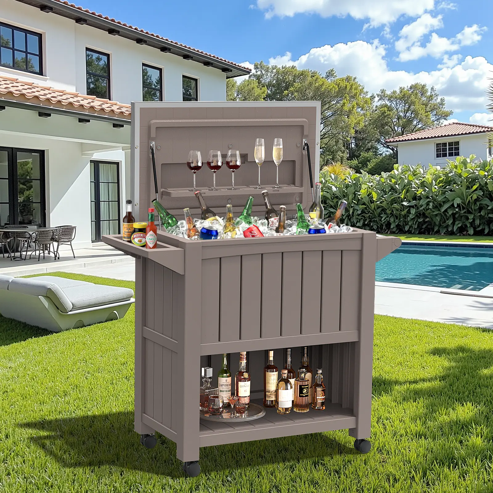Summerwins 120 Qt Large Portable Rolling Wheeled Cooler Cart - 304 Stainless Steel Lid, Lockable Wheels - Outdoor Furniture for Summer Use, Portable Rolling Cooler,home decor,camping essentials
