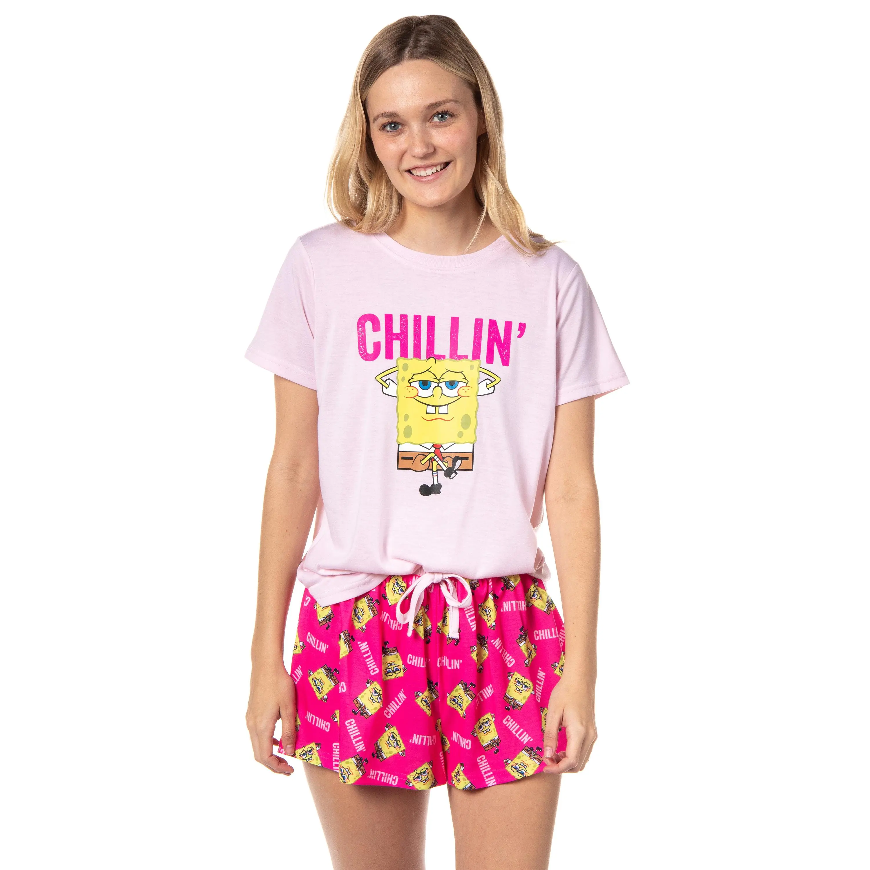 Nickelodeon SpongeBob SquarePants Women's Chillin' 2-Piece Short-Sleeve Pajama Short Set Sleepwear Loungewear, Shirt, Polyester, Style, Matching, Graphic, Top