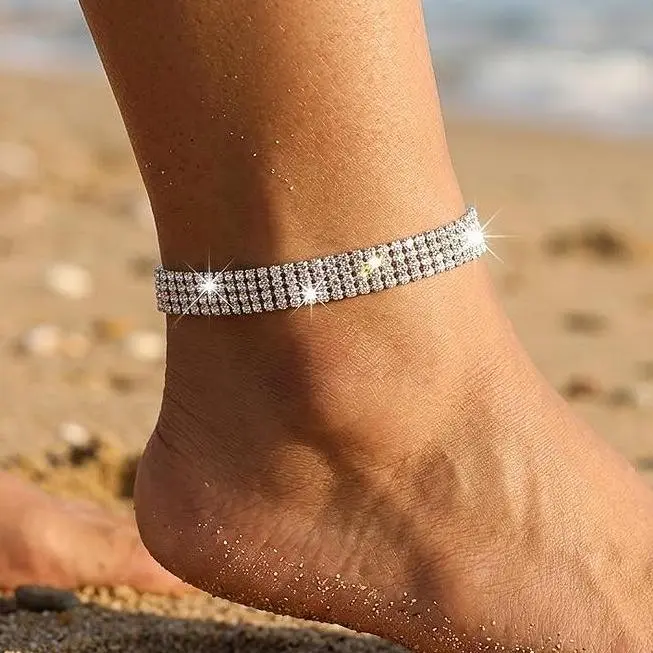 Glamorous Iced Out Rhinestone Anklet for Women, Sparkly Silver Crystal Ankle Bracelet Adjustable Bling Summer Vacation Jewelry Gift