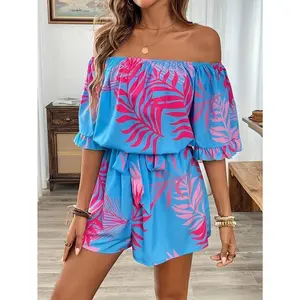 Women's Elegant Open Shoulder Tropical Print Ruffled One-Piece Romper - Lightweight Non-Stretch Fabric, Adjustable Waist Tie, Beach & Casual Wear for Spring/Summer, Beach Wear Romper |     Tropical Vacationwear |     Accessories