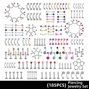 185pcs Body Piercing Jewelry , Tongue Nipple Rings Eyebrow Lip Belly Button Barbell Nose Piercing Tragus Navel body jewelry for women piercings 14g-18g