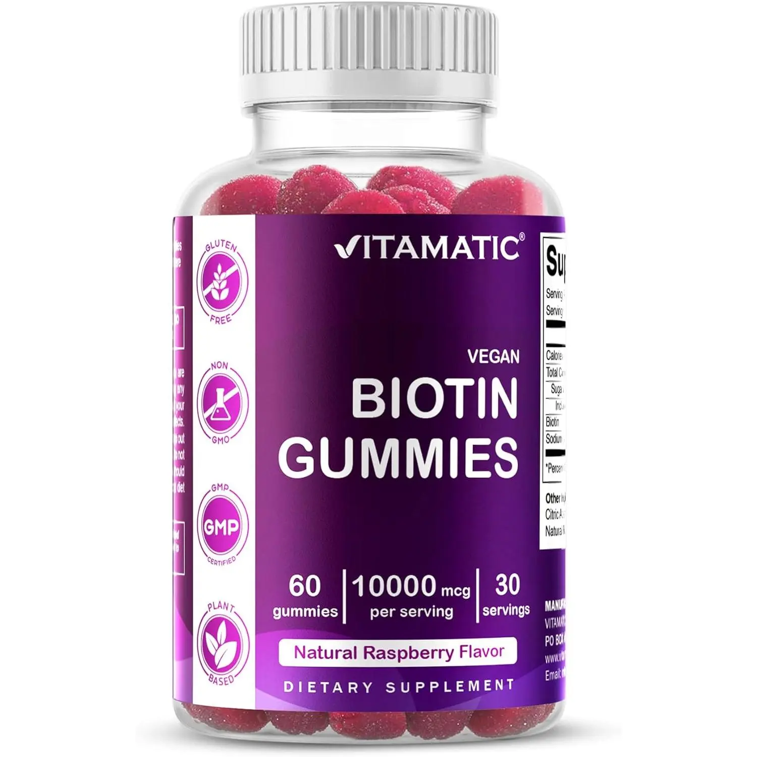 Vitamatic Biotin Gummies 10,000 mcg, 60 Vegan Gummies, Raspberry Flavor | 10000 mcg Per Serving, Natural Raspberry Flavor, Pectin Based, Non-GMO, Gluten Free, GMP Certified