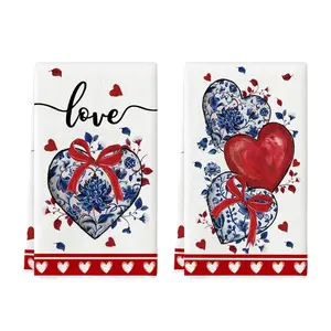 Blue Porcelain Bowknot Love Heart Valentine's Kitchen Towels Dish Towels, 18x26 Inch Anniversary Wedding Decoration Cleaning Set of 2