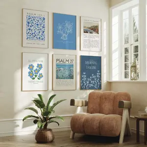 6 Pcs Vintage Blue Christian Bible Verse Wall Art Prints, Unframed Scripture Wall Decor for Living Room Bedroom, Religious Home Decoration Posters Vintage Letters Print