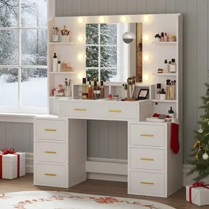 Sikaic Makeup Vanity with Mirror and Lights, 10x Magnifying Mirror & Power Outlets, Glass Top Vanity Desk Furniture Table