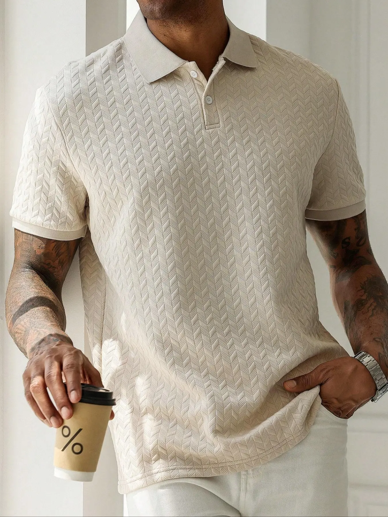 Men's Breathable Sweat-Wicking Loose Classic Casual Plain Solid Color Jacquard Fabric Short Sleeve Textured Polo Shirt, Comfortable Fit for Daily Wear, Casual Polo Shirts Summer Polo Shirt