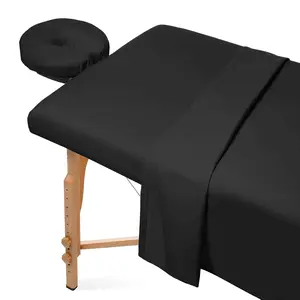 3- Microfiber Massage Table Sheet Set - Premium Facial Bed Cover - Includes Flat and Fitted Sheets with  Cradle Cover - Black