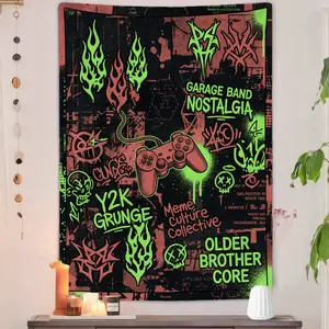 Y2K Grunge Tapestry, TikTok Viral 2000s "Older-Brother Core" Gamer Room Decor, Lightweight Neon Graffiti Backdrop, Retro Garage Band Dorm Hanging Art Flag, Fabric