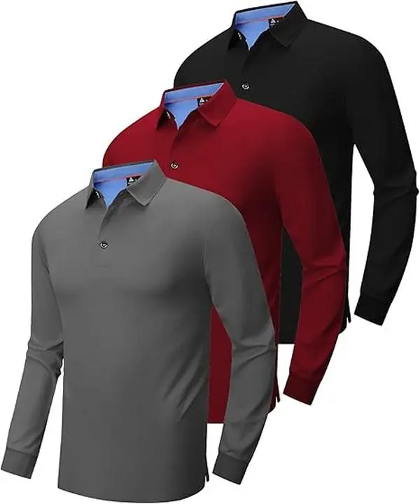 Men’s Long Sleeve Polo Shirt, 3-Pack — Moisture-Wicking Golf/Business Travel Casual Turn-Down Collar Shirt Block Color Dry Quick,clothes for back to school,first day of school outfits