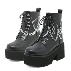 s Women's Chains Lace up Studded Motorcycle Combat Short Boots Round Toe Side Zipper Black Gothic BootsGiftGift