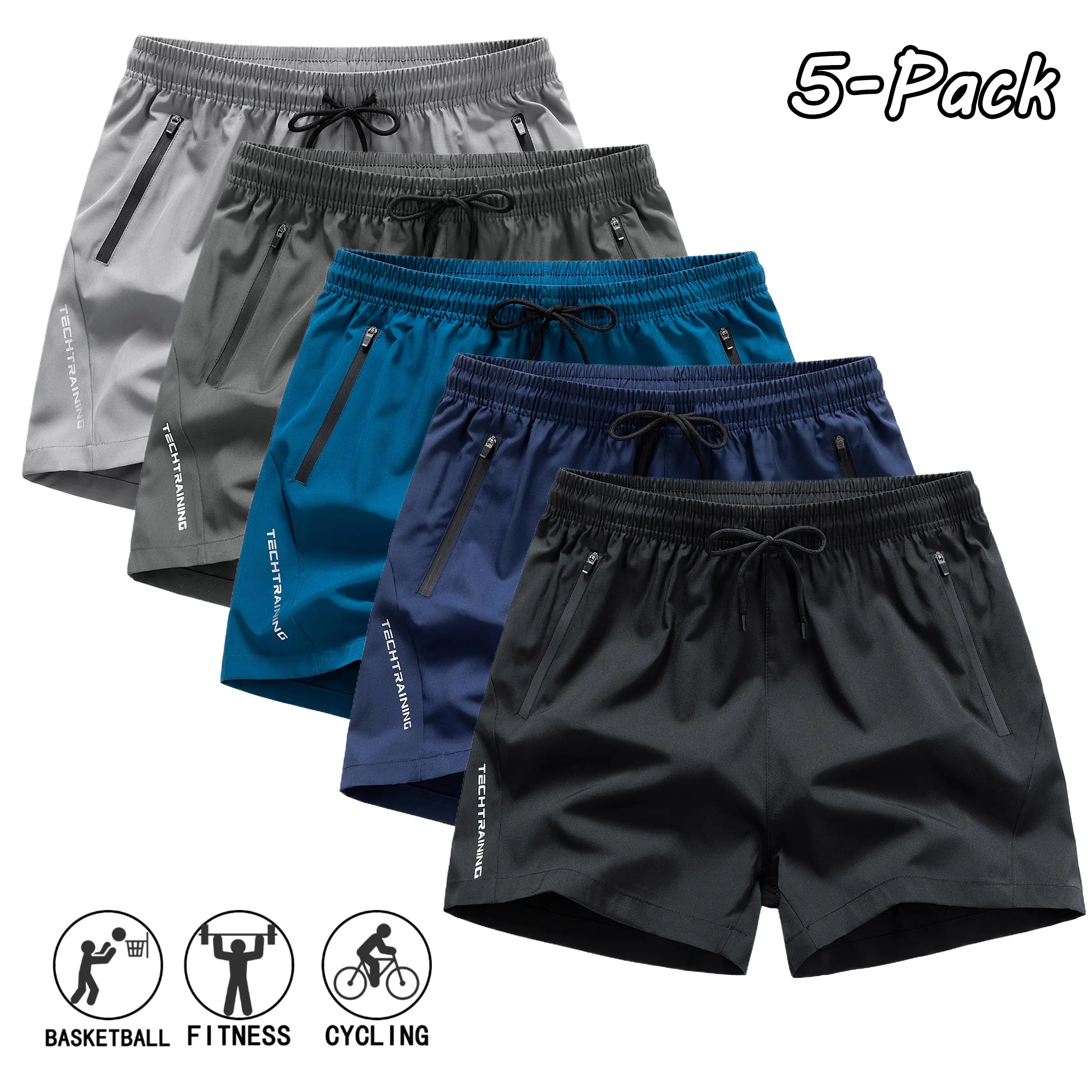 Menswear Men's Summer Casual Shorts (Pack of 5), New Arrivals, Solid Colors with Simple Letter Prints, Drawstring Design, Versatile for Outdoor Sports, Everyday Wear