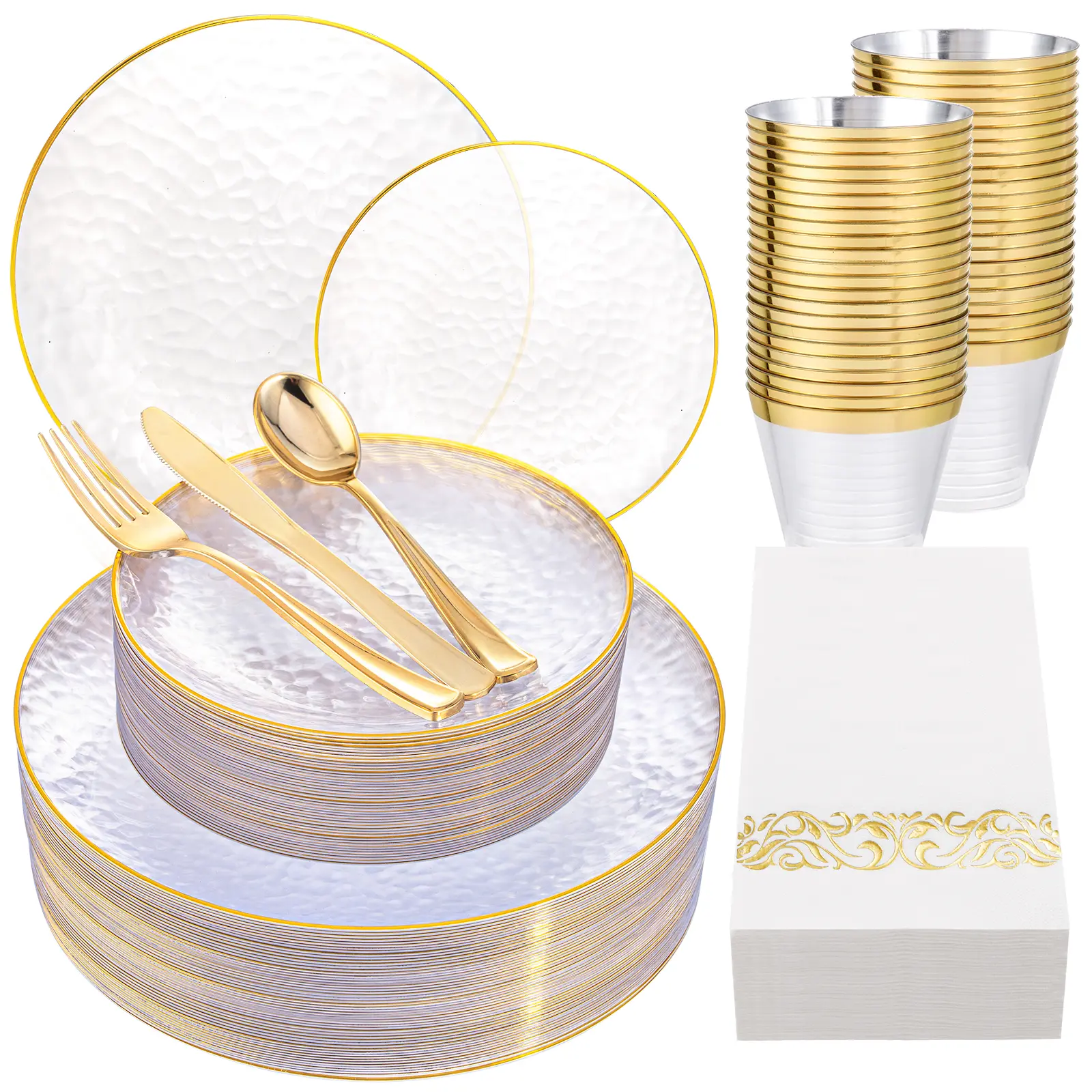 Wellife 175 Pcs  Clear Gold/green/Blue/Pink Plastic Dinnerware Set (25 Guests)Include 25 Dinner Plates,25 Dessert Plates,25 Cups,25 Cutlery Set,25 Napkins for Party
