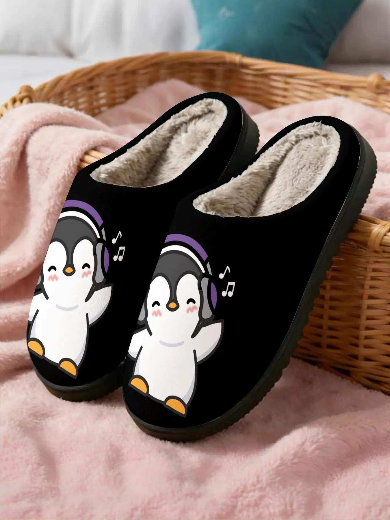 Cute Music Penguin Cotton Slippers, Base with Headphones and Note Elements, Soft Plush Lining, Casual Home Wear for Fall & Winter Footwear
