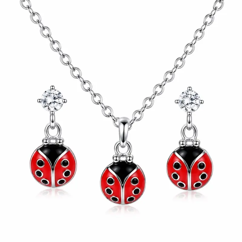 Silver Plated Ladybug Necklace & Earring Set with Red Enamel and Black Details