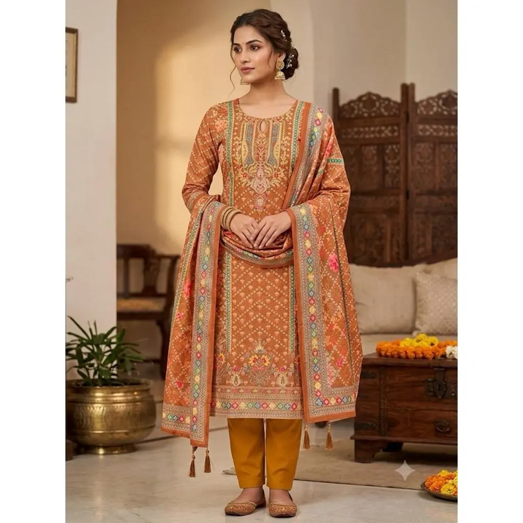 Women's Orange Printed Kurta Set with Dupatta Elegant Three-Piece Outfit Ethnic Wear Trousers and Casual Kurti Set Traditional Festive Wear M-38" L-40" XL-42" XXL-44"
