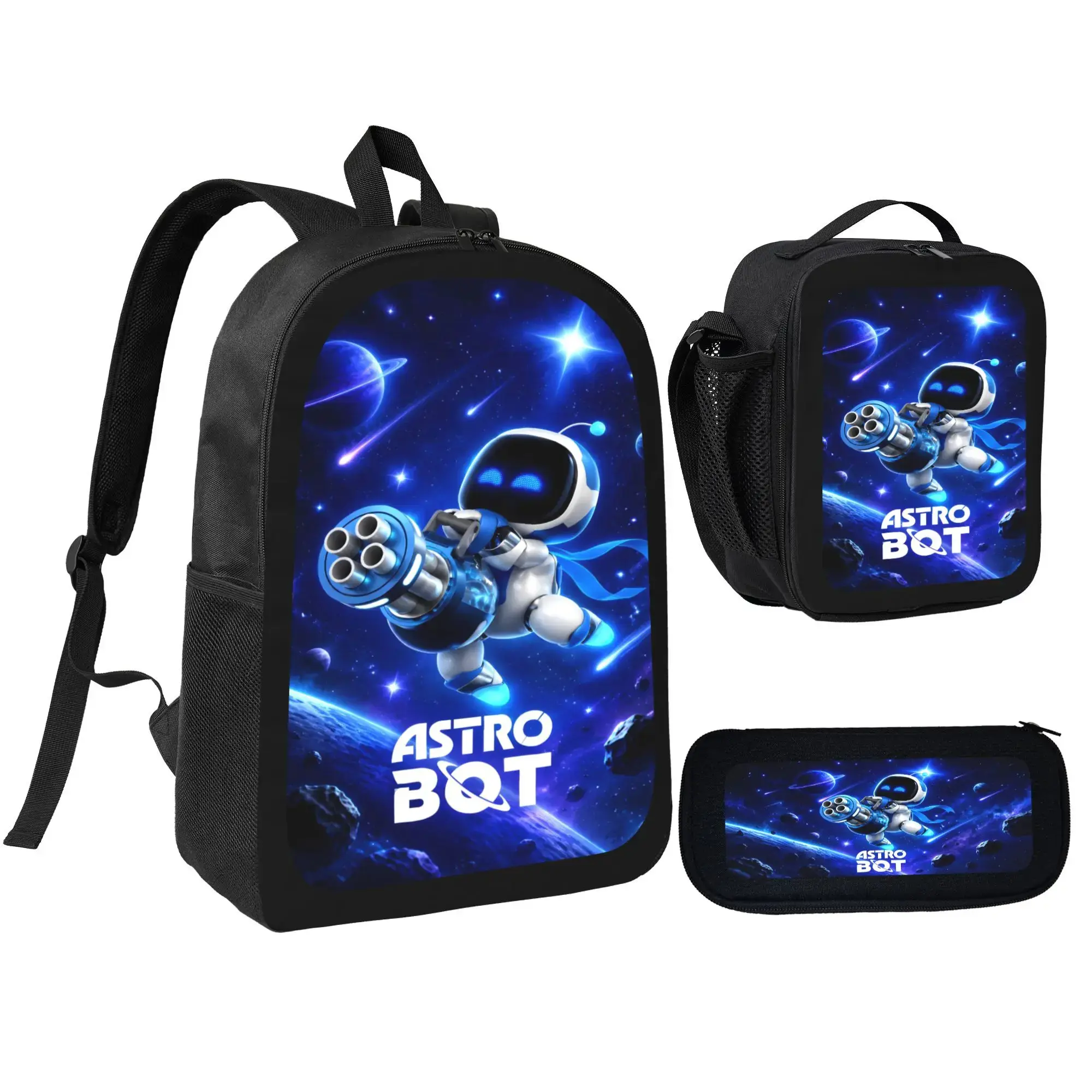 Casual Astro Bot Outdoor Backpack 3pc Set Laptop Daypack Print Travel Backpack School Work Camping Travel Bag Aesthetic Lightweight Backpack TikTok Viral Back To School Gift Birthday Gift Travel Essentials Student Set Lunch Bag Pencil Case Organizer Set