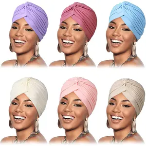 Female 6-Piece Stretchy Knot Beanie Turbans - Soft Pre-Tied Head Wraps, All Seasons Chemo & Sleep Hats, 6 Colors, Gentle on Sensitive Scalps, Comfortable for Everyday Wear