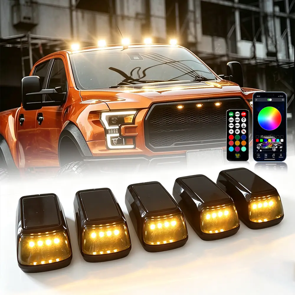 5Pcs APP Remote  Multi Mode Solar Cab Lights for Trucks - RGB No Drill Roof LED Marker Lights with Vibration Sensor | Solar Powered Waterproof Clearance Lights for Semi Truck, Pick
