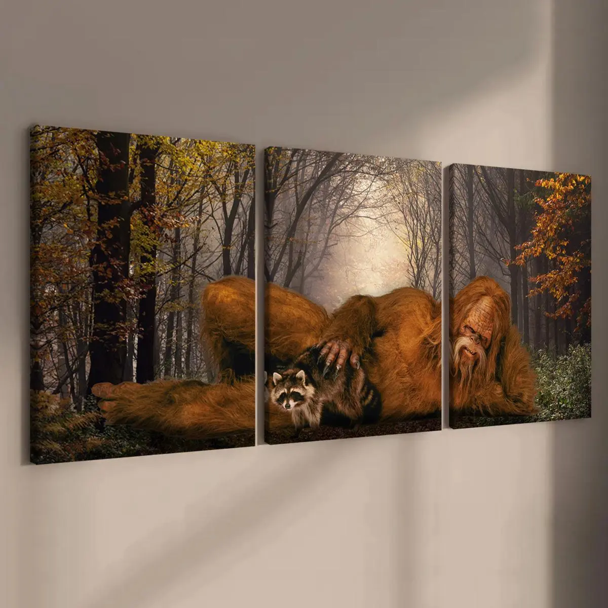 Wooden Framed Canvas Painting, 3 Counts/set Sasquatch & Animal & Tree Pattern Western Wall Art, Modern Wall Decor for Home Living Room Bedroom Office, Modern Home Decoration, Canvas Prints, Picture Image Prints