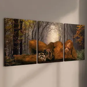 Wooden Framed Canvas Painting, 3 Counts/set Sasquatch & Animal & Tree Pattern Wall Art, Modern Wall Decor for Home Living Room Bedroom Office, Modern Home Decoration