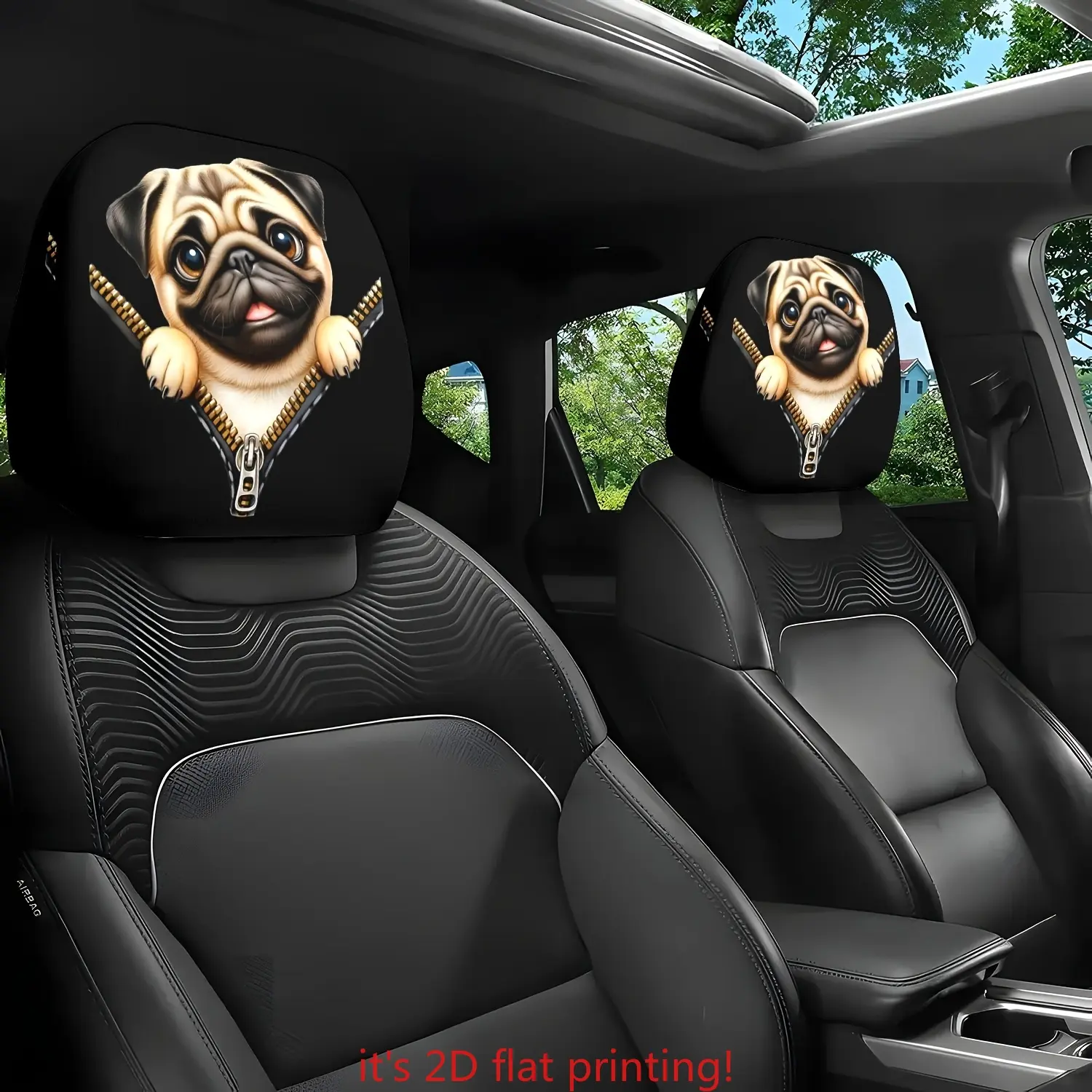 2pcs Double Pack, Pug Printed Zipper Car Head Pillowcase | Durable and easy to install, no need to fill, fun design, interior upgrade, Car Accessories, Decoration | Universal, the perfect holiday gift for dog lovers
